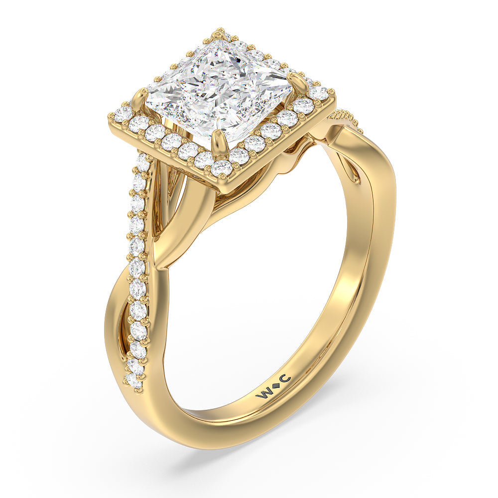 Swaying Split Shank Halo Diamond Engagement Ring with Princess Cut Diamond in 14KT Yellow Gold view 3
