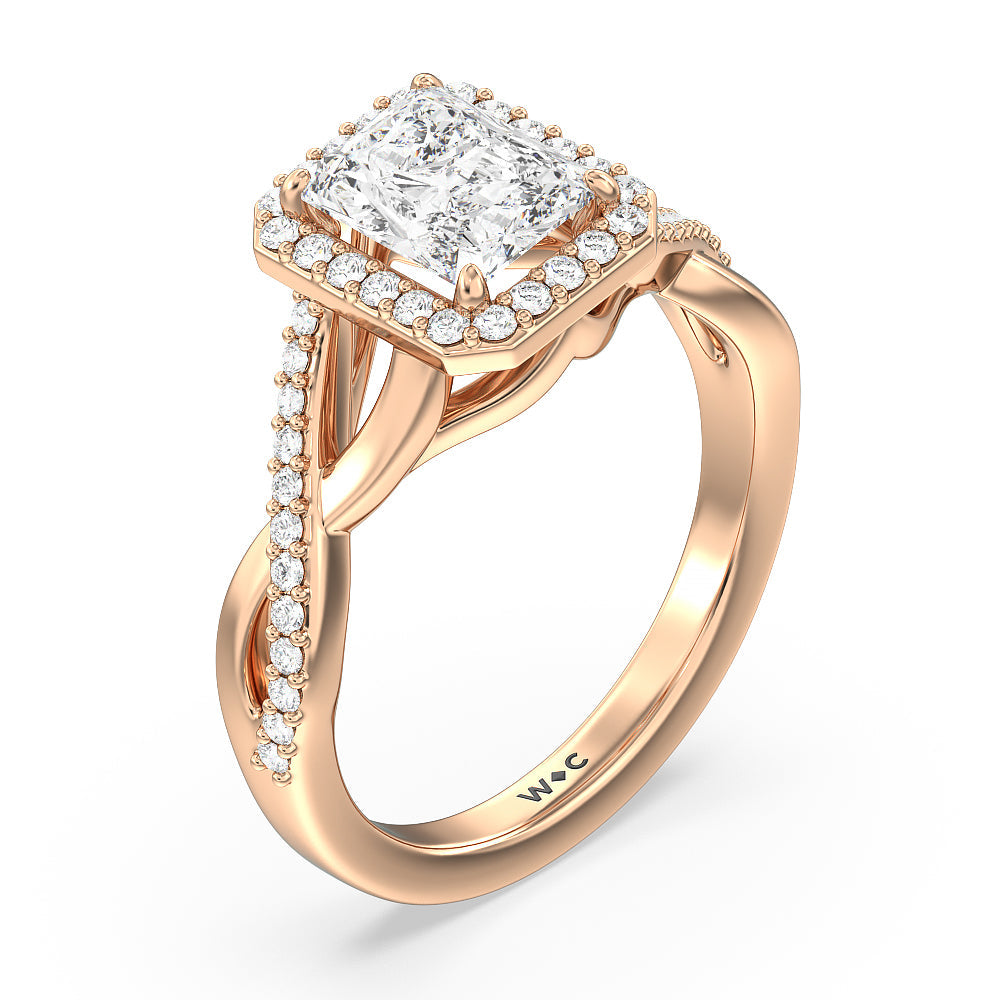 Swaying Split Shank Halo Diamond Engagement Ring with Radiant Cut Diamond in 14KT Rose Gold view 3
