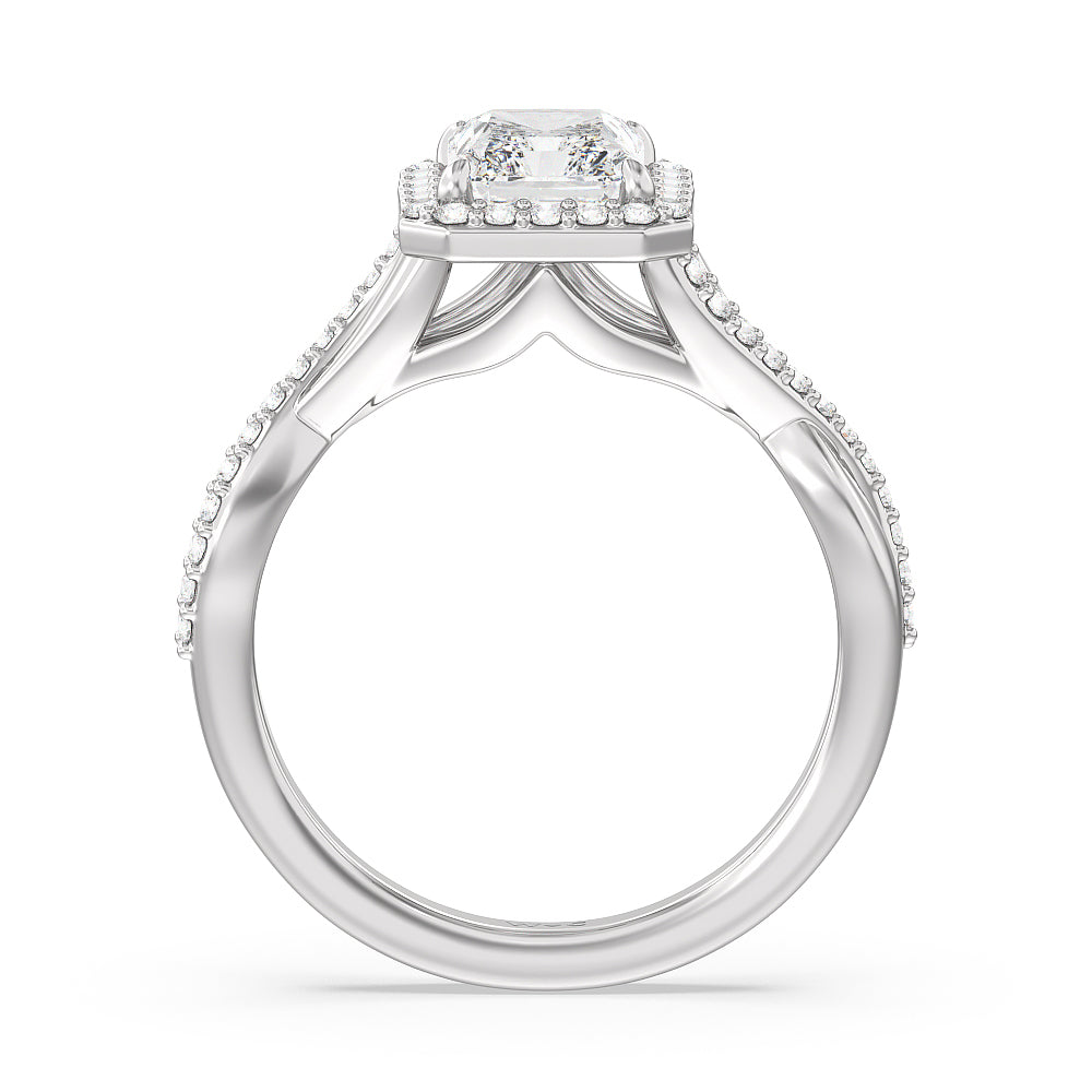 Swaying Split Shank Halo Diamond Engagement Ring with Radiant Cut Diamond in 14KT Platinum view 2
