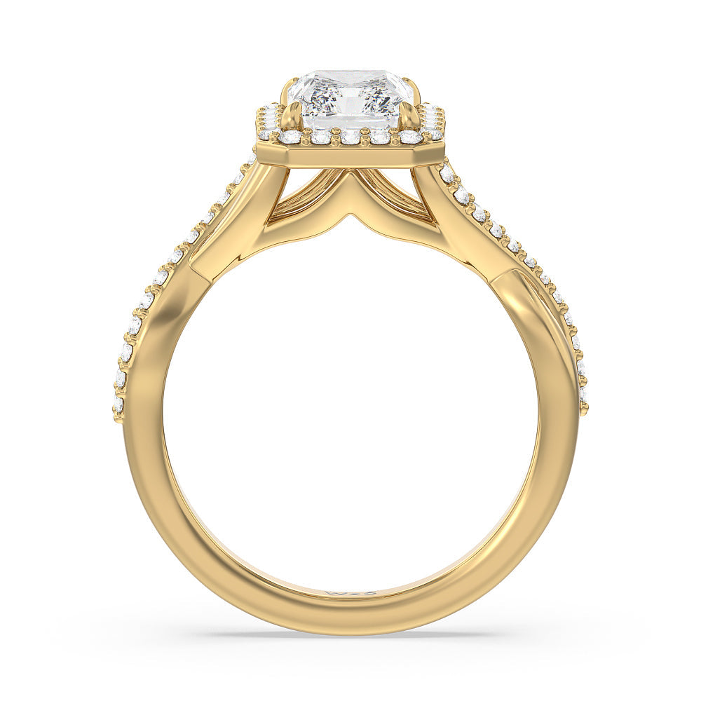 Swaying Split Shank Halo Diamond Engagement Ring with Radiant Cut Diamond in 14KT Yellow Gold view 2
