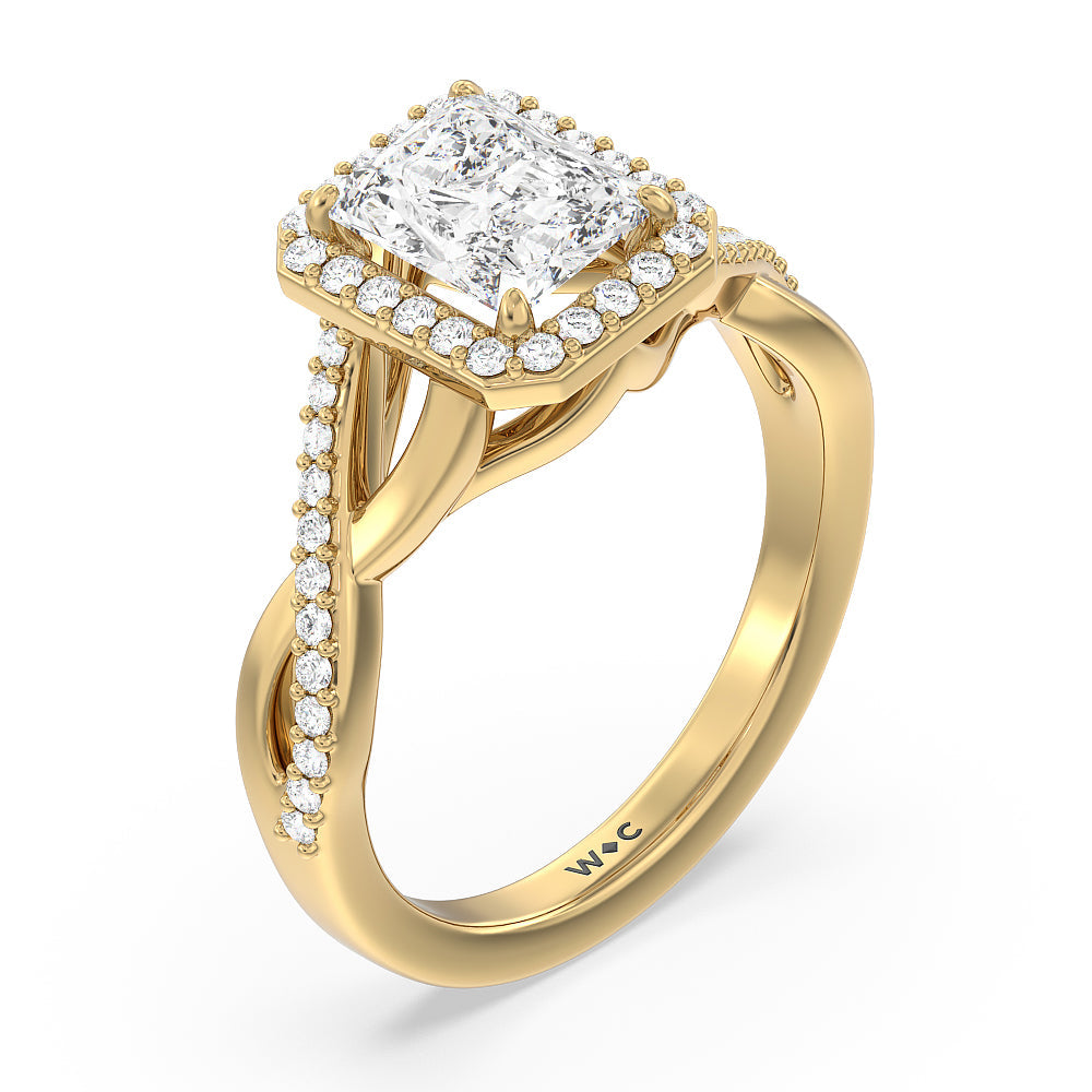 Swaying Split Shank Halo Diamond Engagement Ring with Radiant Cut Diamond in 14KT Yellow Gold view 3
