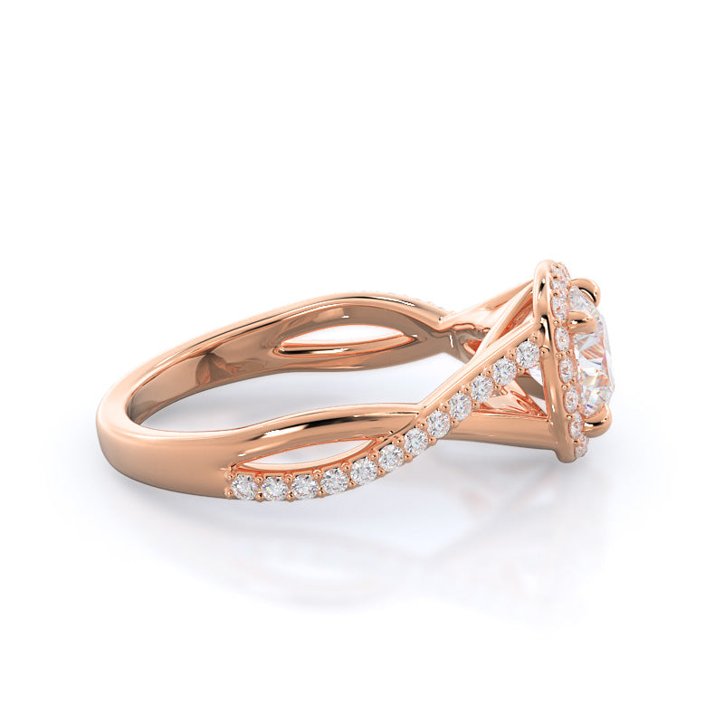 Swaying Split Shank Halo Diamond Engagement Ring with Round Cut Diamond in 14KT Rose Gold view 3
