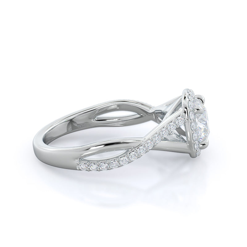 Swaying Split Shank Halo Diamond Engagement Ring with Round Cut Diamond in 14KT Platinum view 3
