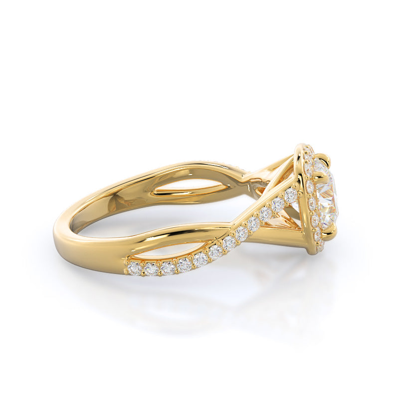 Swaying Split Shank Halo Diamond Engagement Ring with Round Cut Diamond in 14KT Yellow Gold view 3
