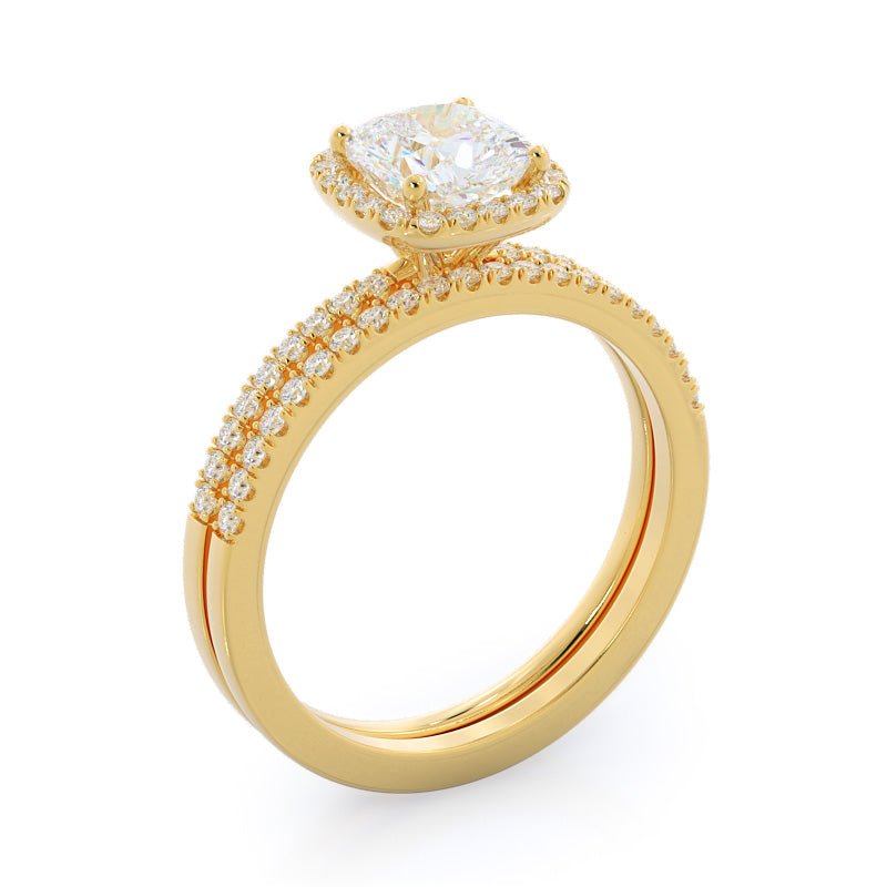 Pave Halo Diamond Engagement Ring with Cushion Cut Diamond in 14KT Yellow Gold view 4
