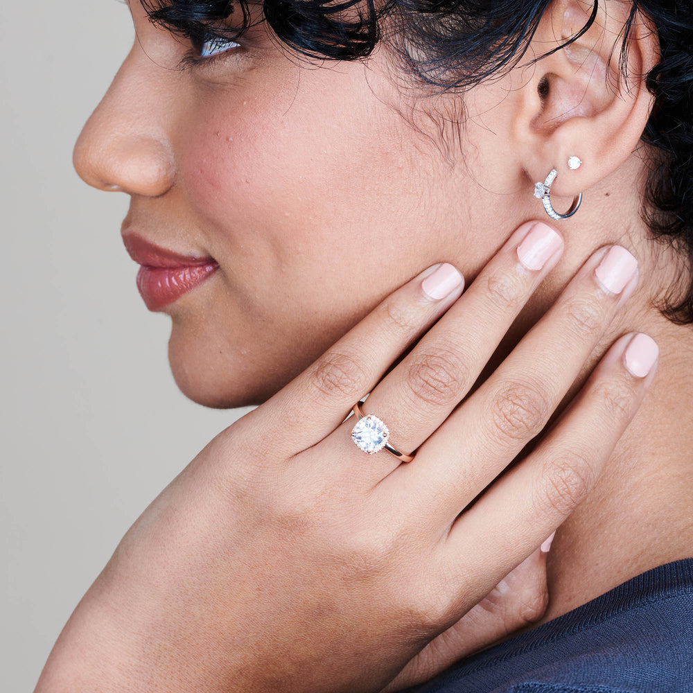 Model Wearing Plain Shank Halo Diamond Engagement Ring view