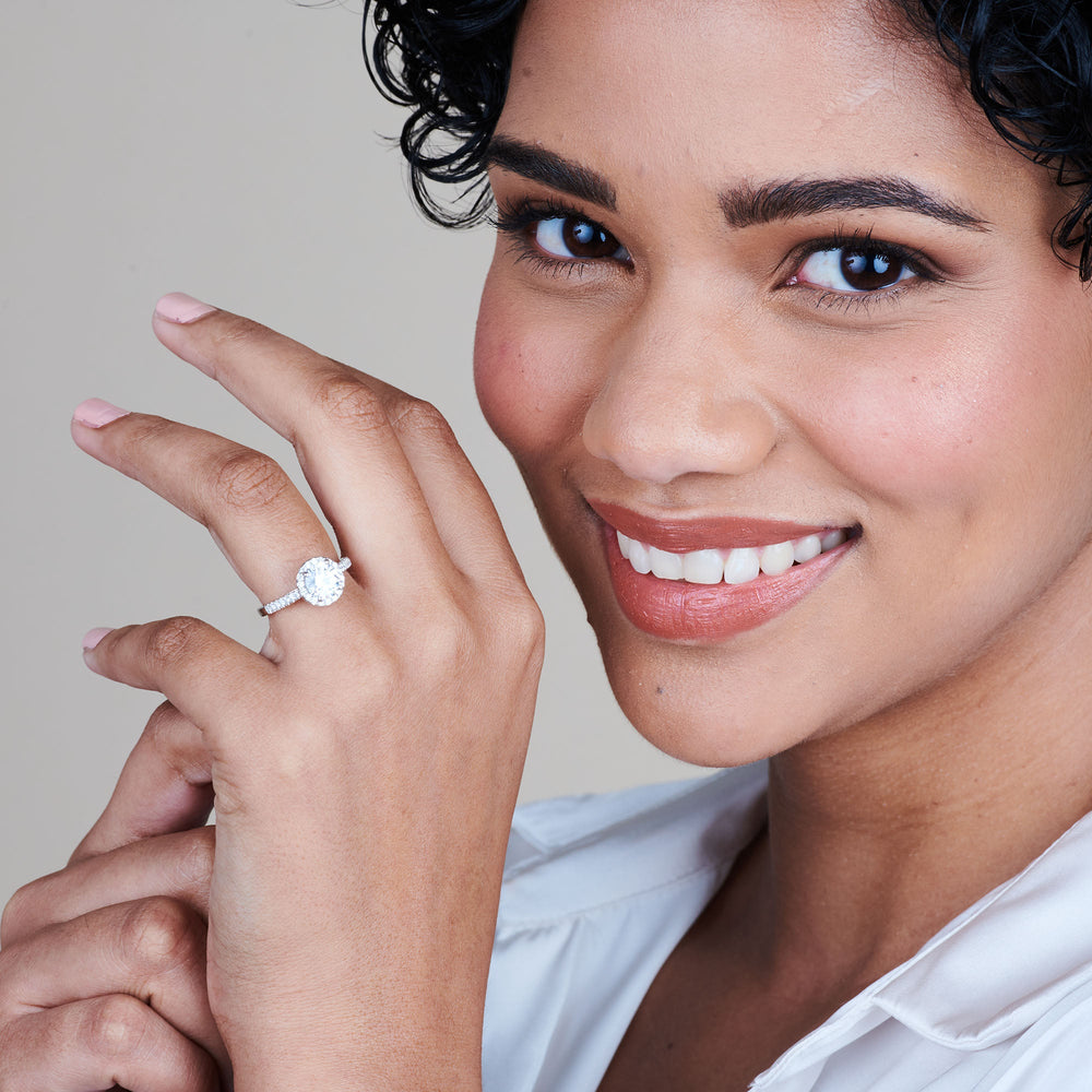 Model Wearing Cathedral Pave Halo Engagement Ring with Lab Grown Diamond view