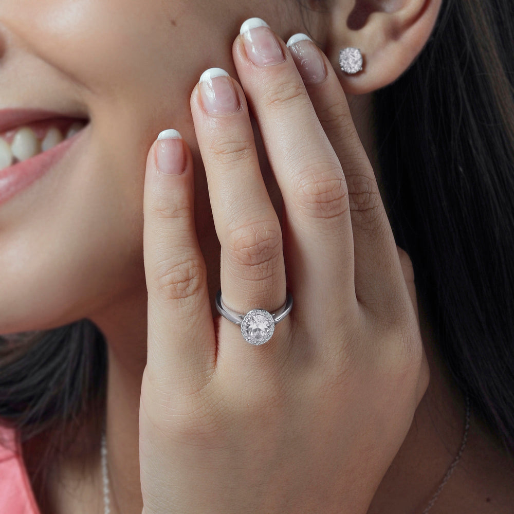 Model Wearing Plain Shank Halo Diamond Engagement Ring view