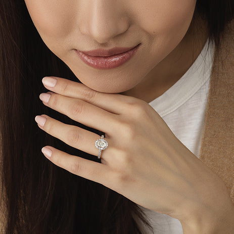 Model Wearing Cathedral Pave Halo Engagement Ring with Lab Grown Diamond view