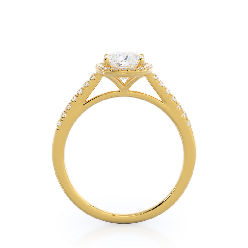 Cushion Cut Cathedral Pave Halo Engagement Ring with Lab Grown Diamond in 14KT Yellow Gold view 2
