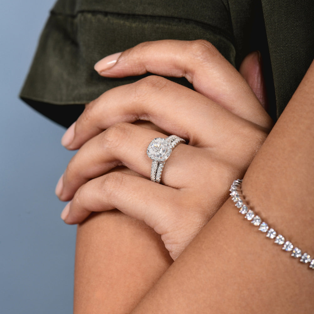 Model Wearing Cathedral Pave Halo Engagement Ring with Lab Grown Diamond view