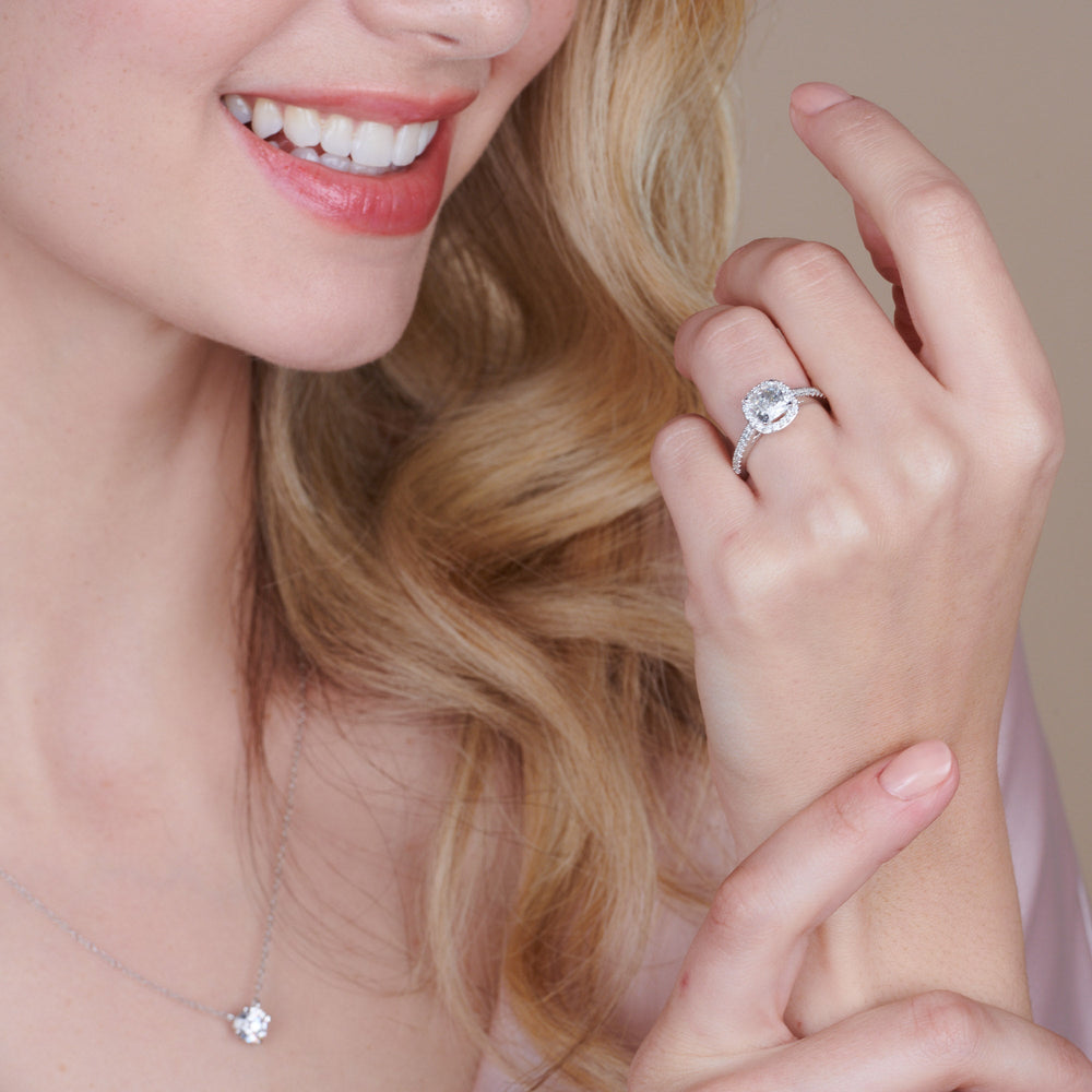 Model Wearing Cathedral Pave Halo Engagement Ring with Lab Grown Diamond view
