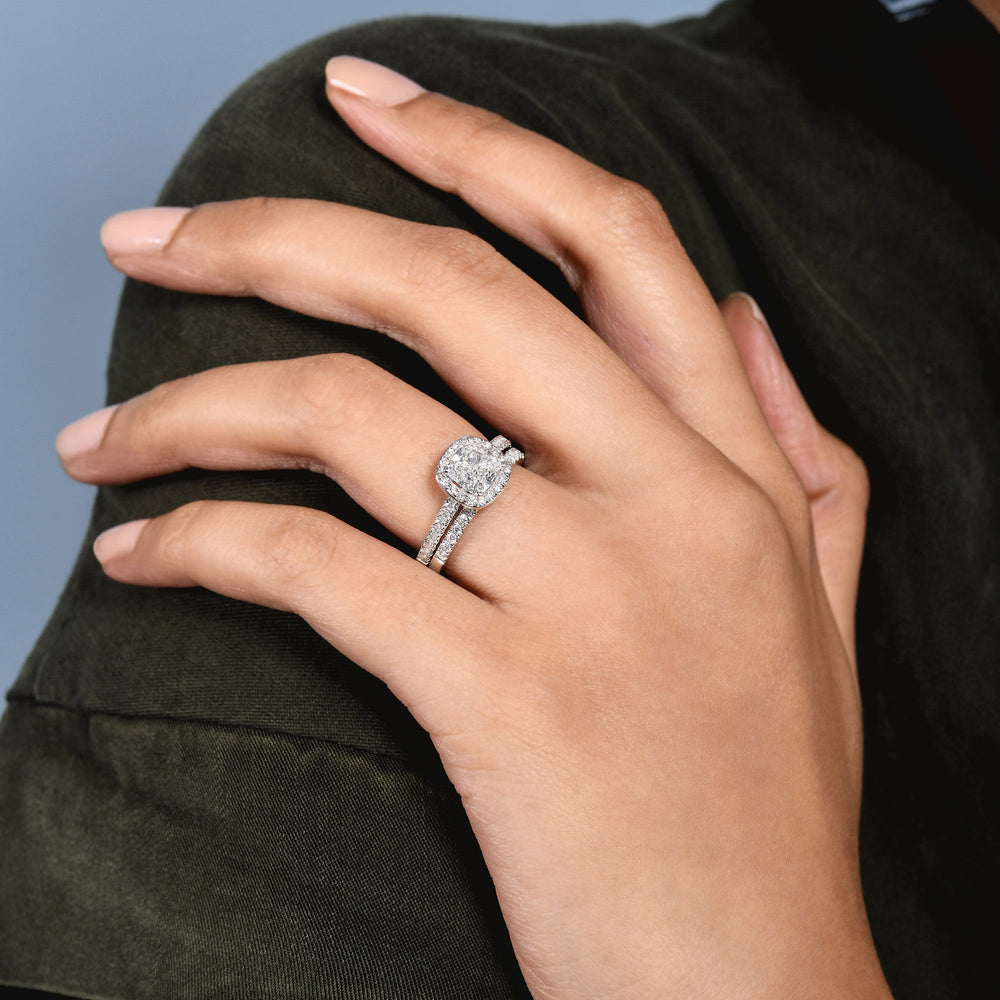 Model Wearing Cathedral Pave Halo Engagement Ring with Lab Grown Diamond view