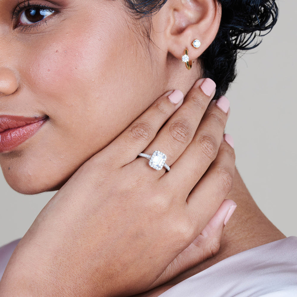 Model Wearing Cathedral Pave Halo Engagement Ring with Lab Grown Diamond view