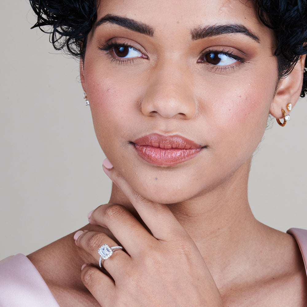 Model Wearing Cathedral Pave Halo Engagement Ring with Lab Grown Diamond view