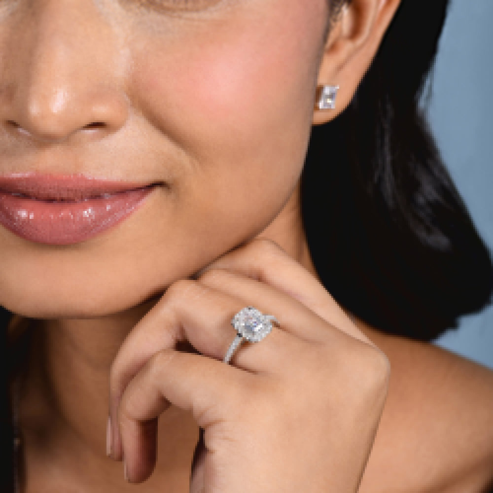 Model Wearing Cathedral Pave Halo Engagement Ring with Lab Grown Diamond view