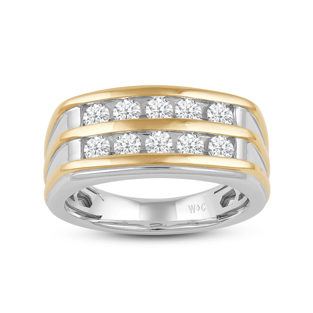 Two -Tone Channel Set 2 Row Diamond Men's Ring with 18KT White & Yellow Gold / Lab / 1 Cut Diamond in 14KT White & Yellow Gold / Lab / 1 view 2
