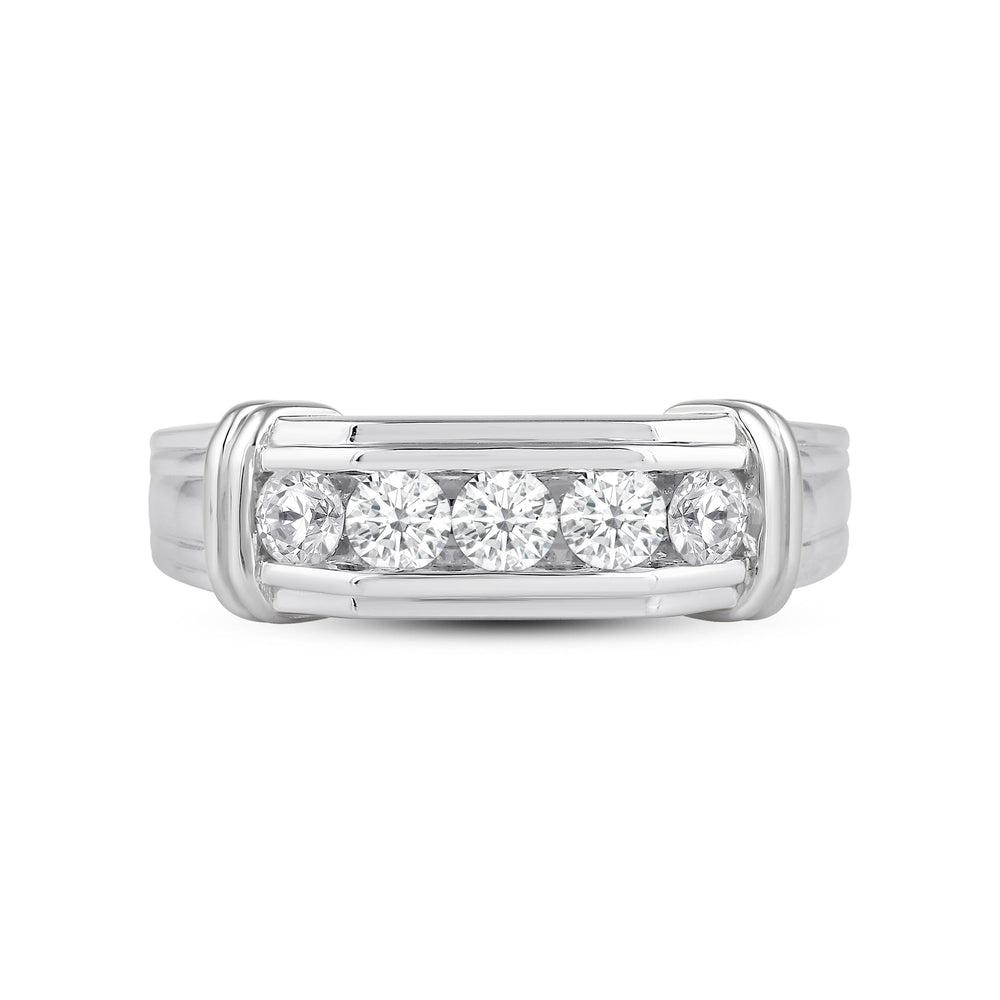 5 Stone Channel Set Ridged Diamond Men's Ring with Platinum / Lab / 1 Cut Diamond in 14KT Platinum / Lab / 1 view 1
