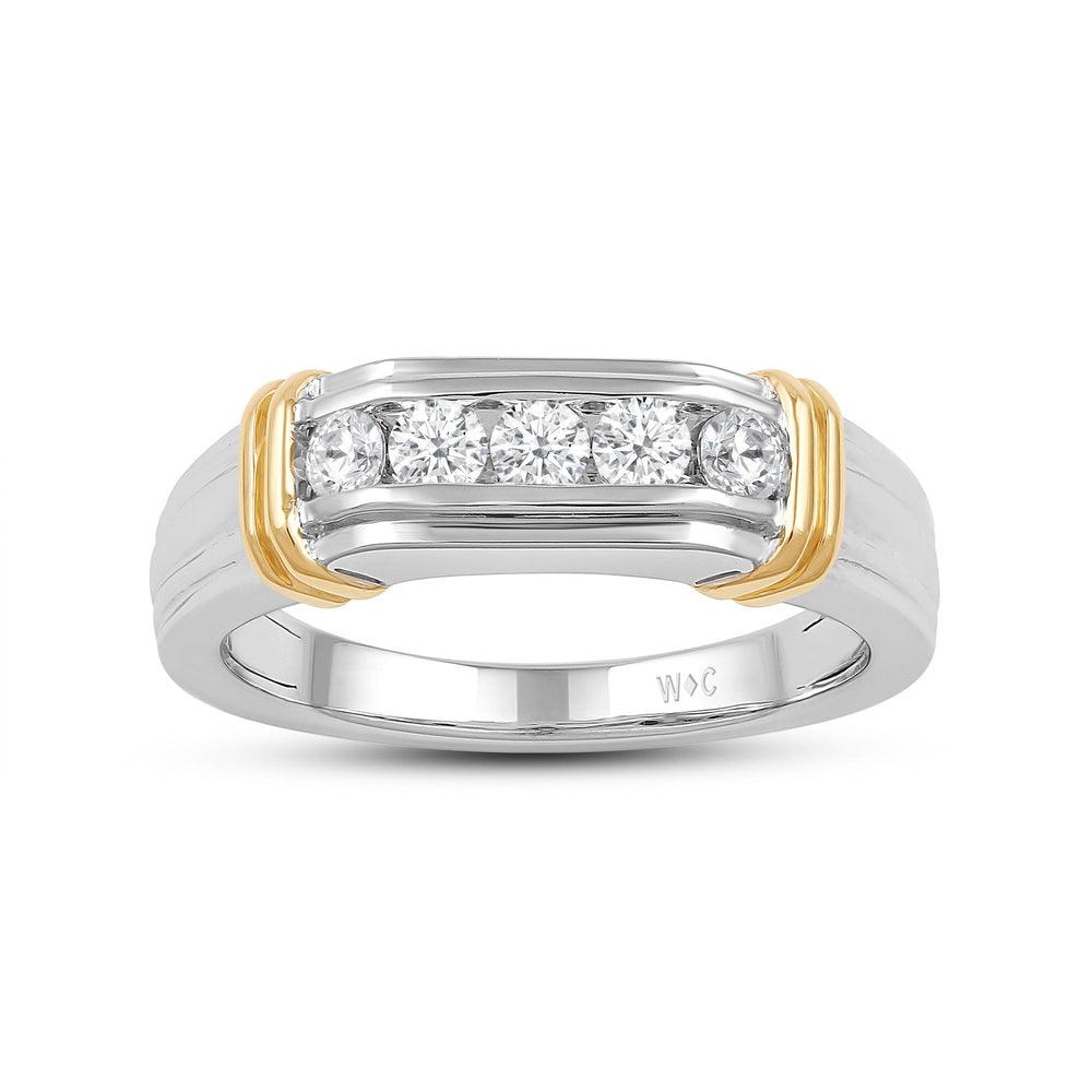 5 Stone Channel Set Ridged Diamond Men's Ring with 18KT White & Yellow Gold / Lab / 1/2 Cut Diamond in 14KT White & Yellow Gold / Lab / 1/2 view 2
