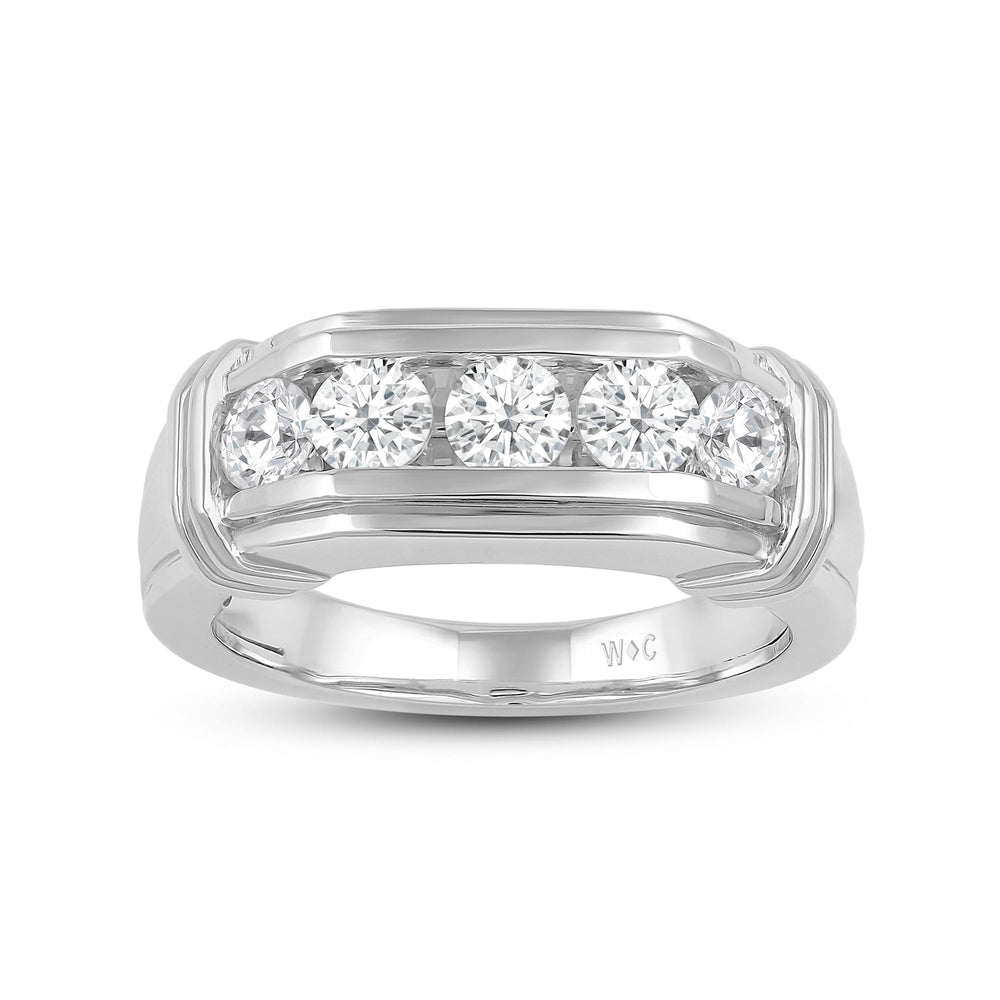 5 Stone Channel Set Ridged Diamond Men's Ring with Platinum / Lab / 1 1/2 Cut Diamond in 14KT Platinum / Lab / 1 1/2 view 2
