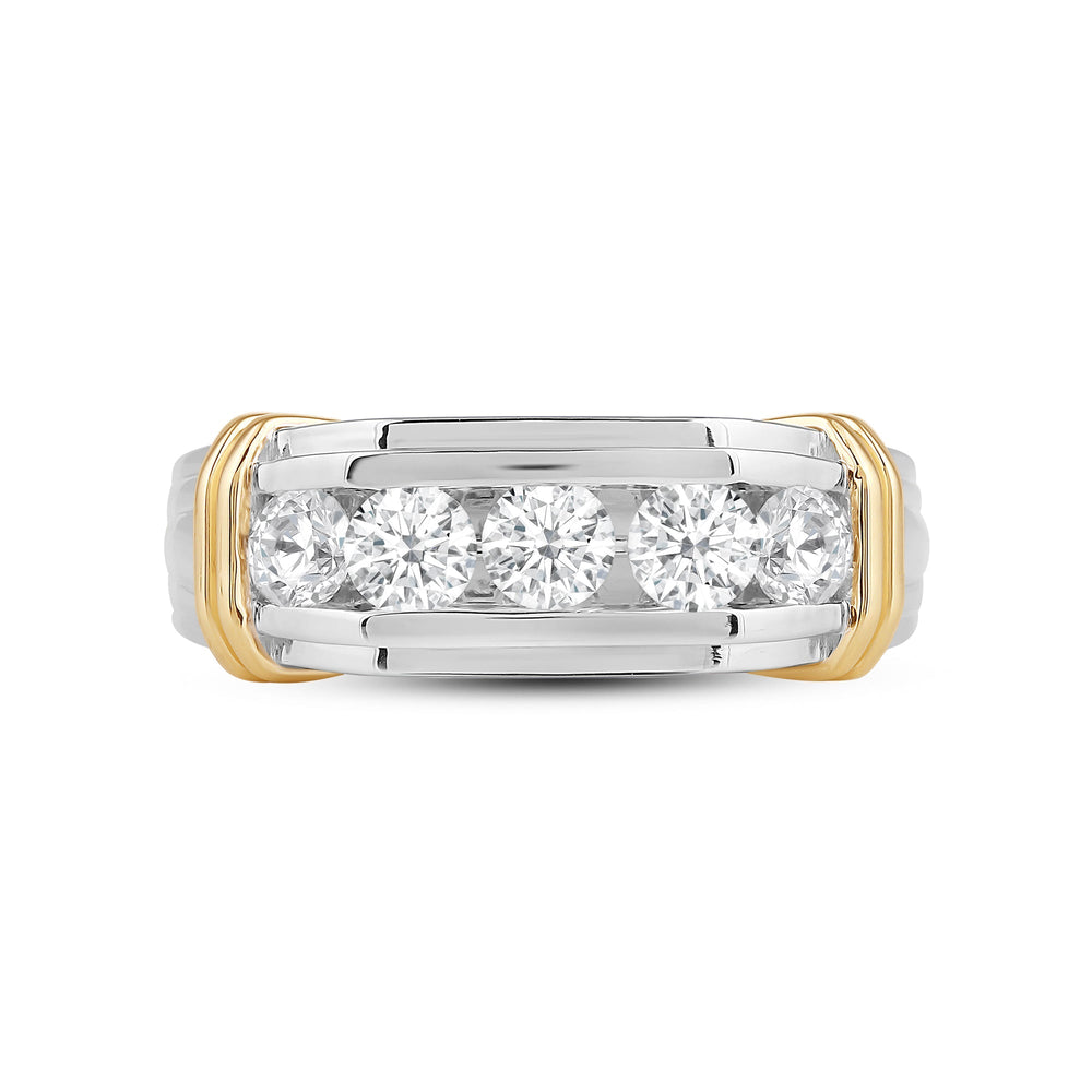 5 Stone Channel Set Ridged Diamond Men's Ring with 18KT White & Yellow Gold / Lab / 1 1/2 Cut Diamond in 14KT White & Yellow Gold / Lab / 1 1/2 view 1
