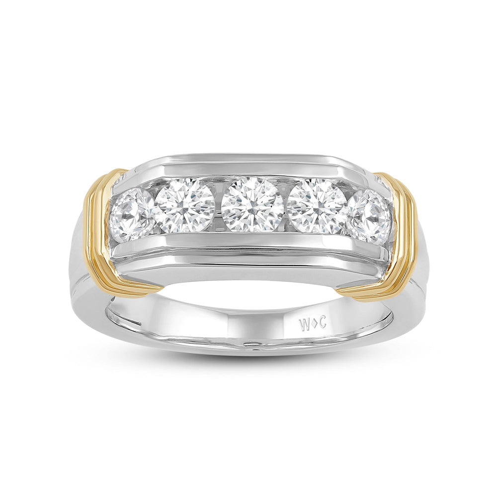 5 Stone Channel Set Ridged Diamond Men's Ring with 18KT White & Yellow Gold / Lab / 1 1/2 Cut Diamond in 14KT White & Yellow Gold / Lab / 1 1/2 view 2
