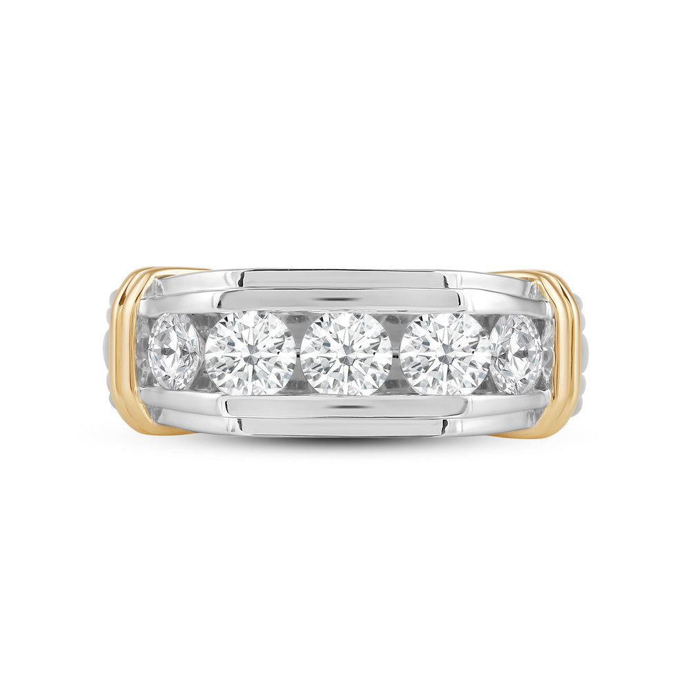 5 Stone Channel Set Ridged Diamond Men's Ring with 18KT White & Yellow Gold / Lab / 2 Cut Diamond in 14KT White & Yellow Gold / Lab / 2 view 1
