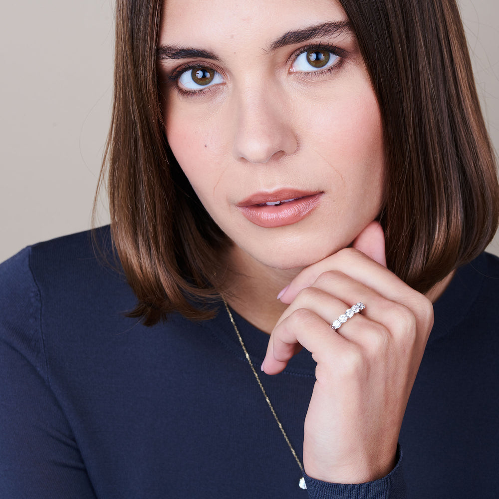 Model Wearing Seven Stone Round Brilliant Cut Diamond Ring (F/G SI+) view