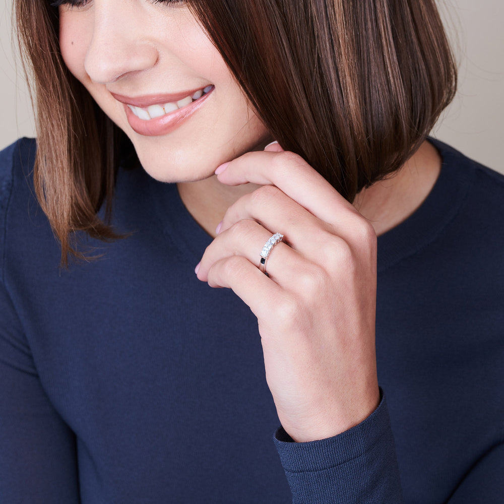 Model Wearing Five Stone Princess Cut Diamond Ring (F/G SI+) view