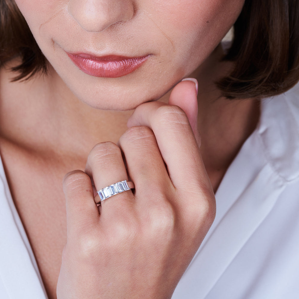 Model Wearing Five Stone Emerald Cut Diamond Ring (F/G SI+) view