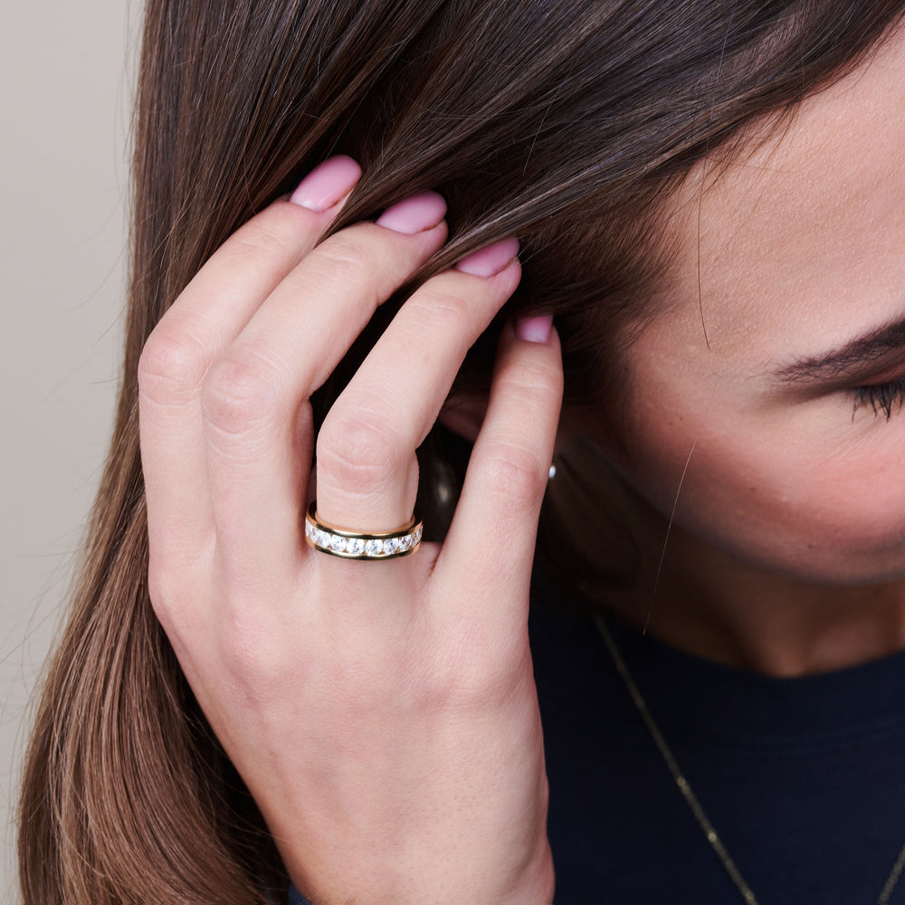Model Wearing Round Brilliant Cut Diamond Channel Set Band view