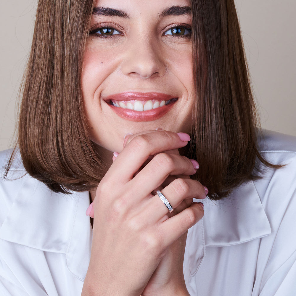 Model Wearing Princess Cut Diamond Channel Set Band view
