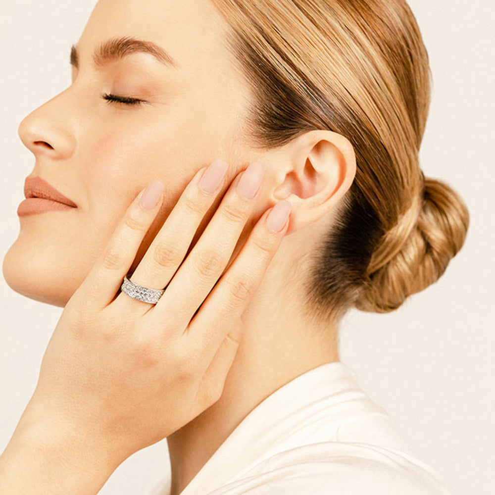 Model Wearing Concave Triple Row Diamond Eternity Ring view
