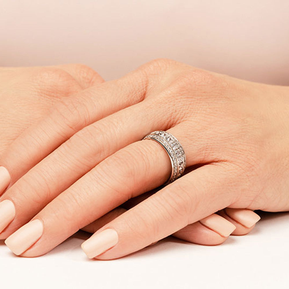 Model Wearing Triple Row Princess and Round Diamond Eternity Ring view