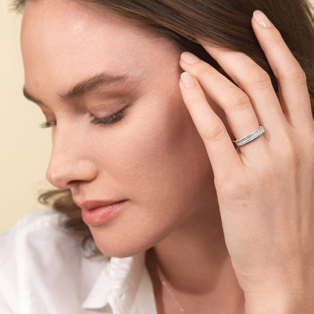 Model Wearing Pave Sides Double Row Round Diamond Eternity Ring view