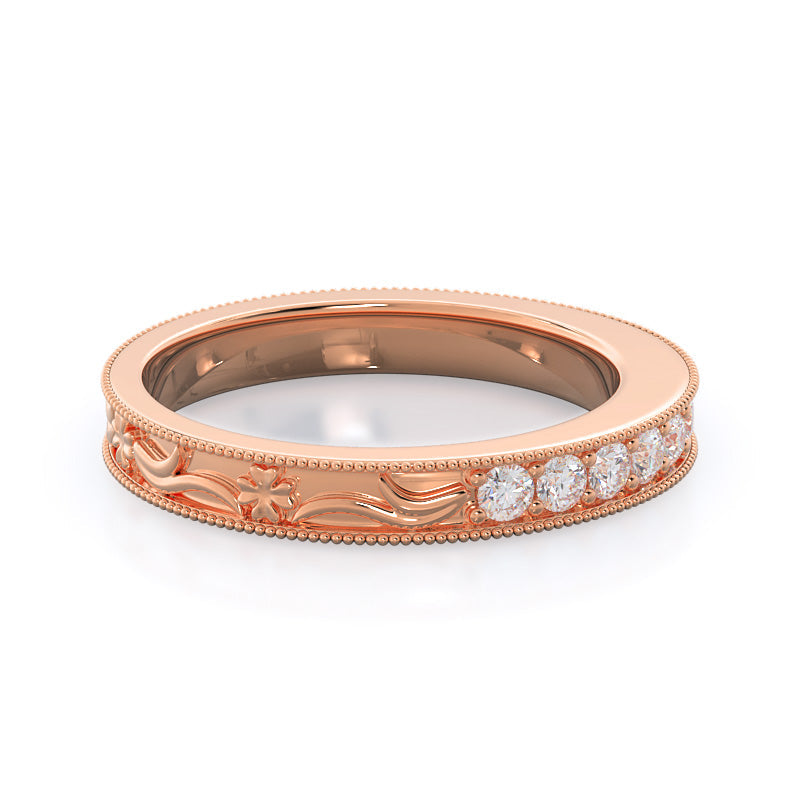 Floral Diamond Wedding Band with 18KT Rose Gold Cut Diamond in 14KT Rose Gold view 4
