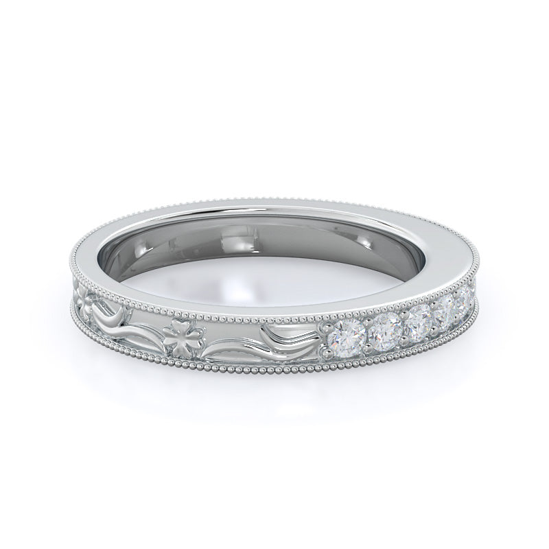 Floral Diamond Wedding Band with Platinum Cut Diamond in 14KT Platinum view 4
