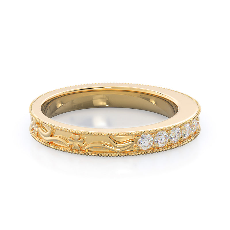 Floral Diamond Wedding Band with 18KT Yellow Gold Cut Diamond in 14KT Yellow Gold view 4
