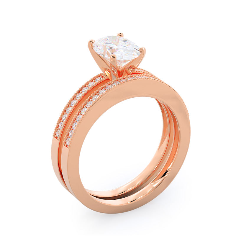 Pave And Milgrain Diamond Wedding Band with 18KT Rose Gold Cut Diamond in 14KT Rose Gold view 3
