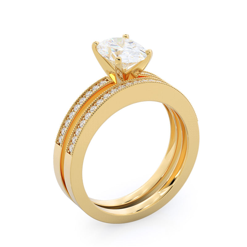 Pave And Milgrain Diamond Wedding Band with 18KT Yellow Gold Cut Diamond in 14KT Yellow Gold view 3
