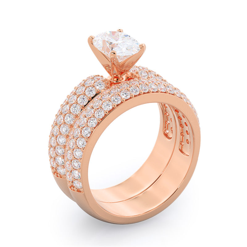 Three Row Diamond Engagement Ring with Oval Cut Diamond in 14KT Rose Gold view 4
