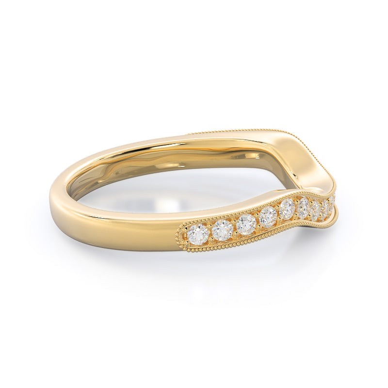 Vintage Leaf Diamond Wedding Band with 18KT Yellow Gold Cut Diamond in 14KT Yellow Gold view 4
