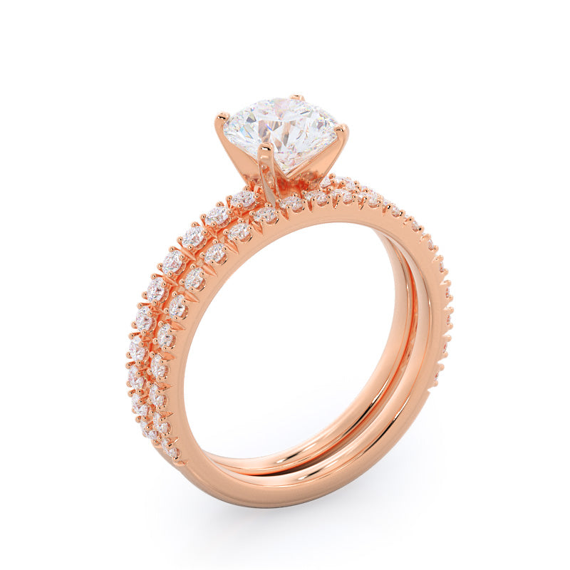 Open French Cut Pave Diamond Wedding Band with 18KT Rose Gold Cut Diamond in 14KT Rose Gold view 3
