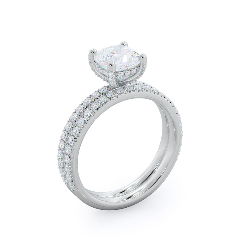 French Set Diamond Basket Wedding Band with Platinum Cut Diamond in 14KT Platinum view 3
