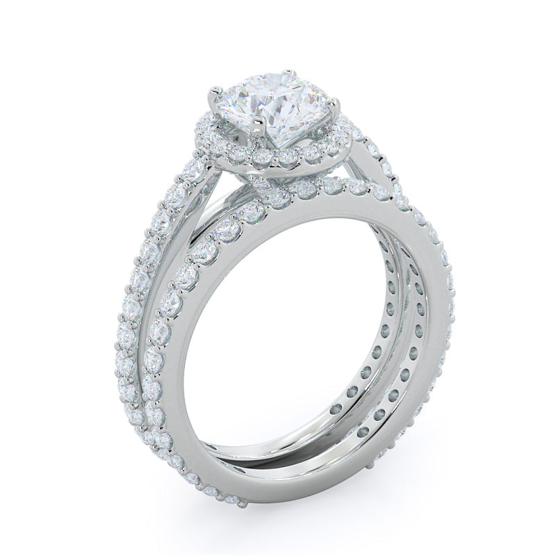 Pave Diamond Halo Wedding Band with Platinum Cut Diamond in 14KT Platinum view 3
