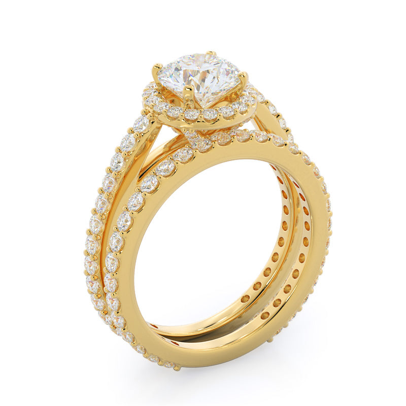 Pave Diamond Halo Wedding Band with 18KT Yellow Gold Cut Diamond in 14KT Yellow Gold view 3
