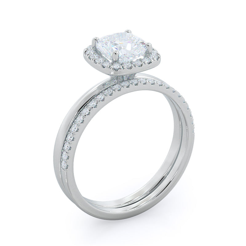 Plain Shank Halo Diamond Wedding Band with Platinum Cut Diamond in 14KT Platinum view 3
