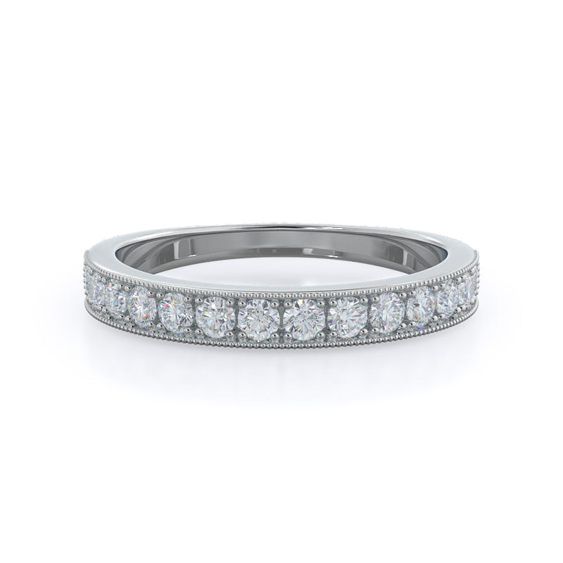 Milgrain Flower Halo Diamond Wedding Band with Platinum Cut Diamond in 14KT Platinum view 1
