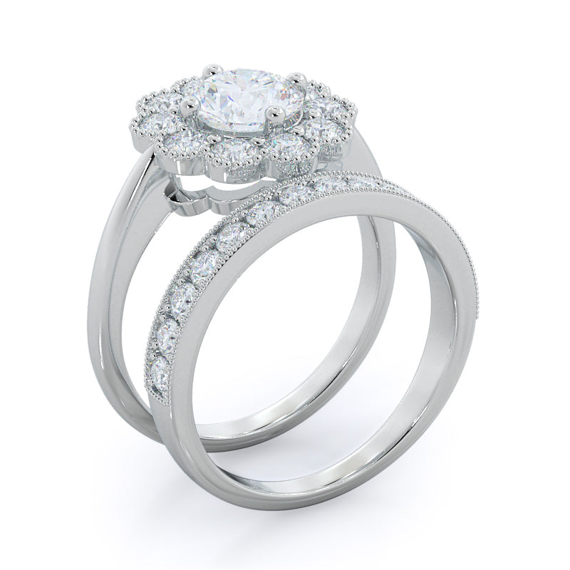 Milgrain Flower Halo Diamond Wedding Band with Platinum Cut Diamond in 14KT Platinum view 3
