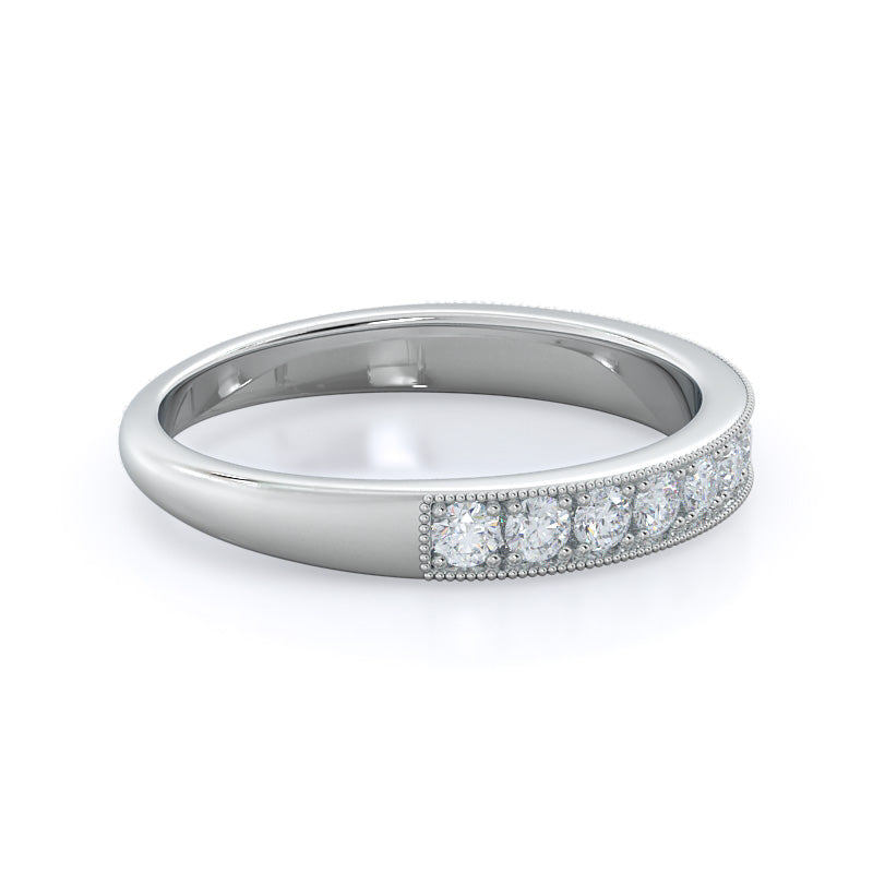 Milgrain Flower Halo Diamond Wedding Band with Platinum Cut Diamond in 14KT Platinum view 4
